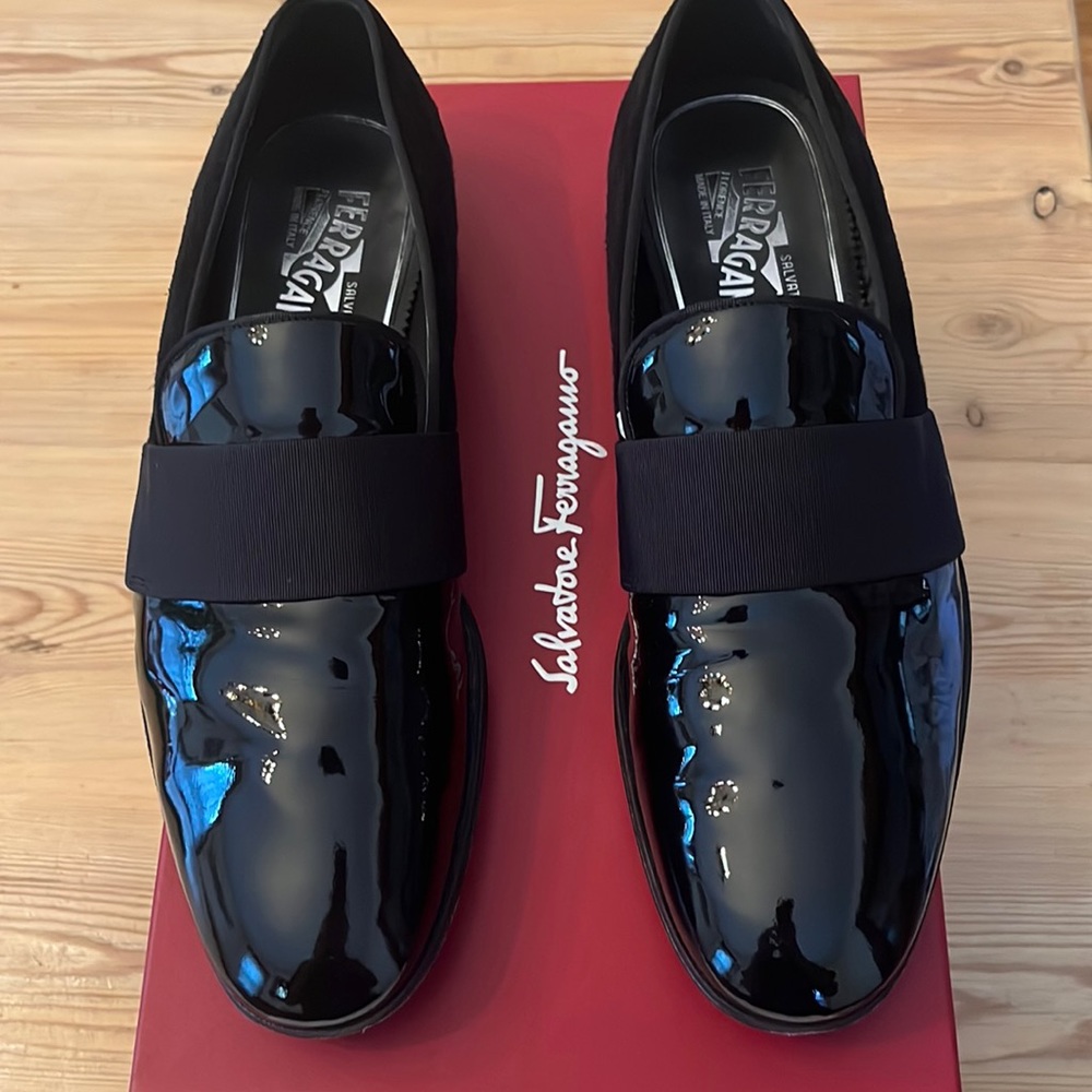 Salvatore Ferragamo- Men’s black patent leather and suede loafers- Men’s size 10